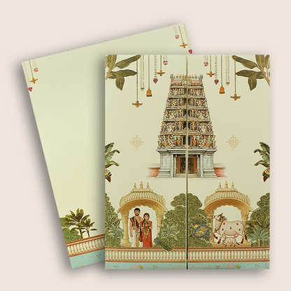 Cream South Indian Temple Door Style Wedding Invitation - KNKJ1167