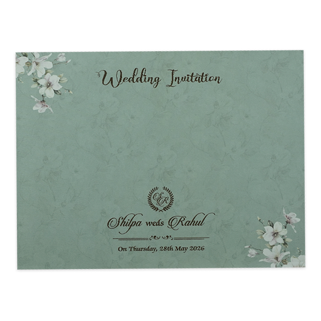 Green Laser Cut Floral Ribbon Wedding Card-KRE26740