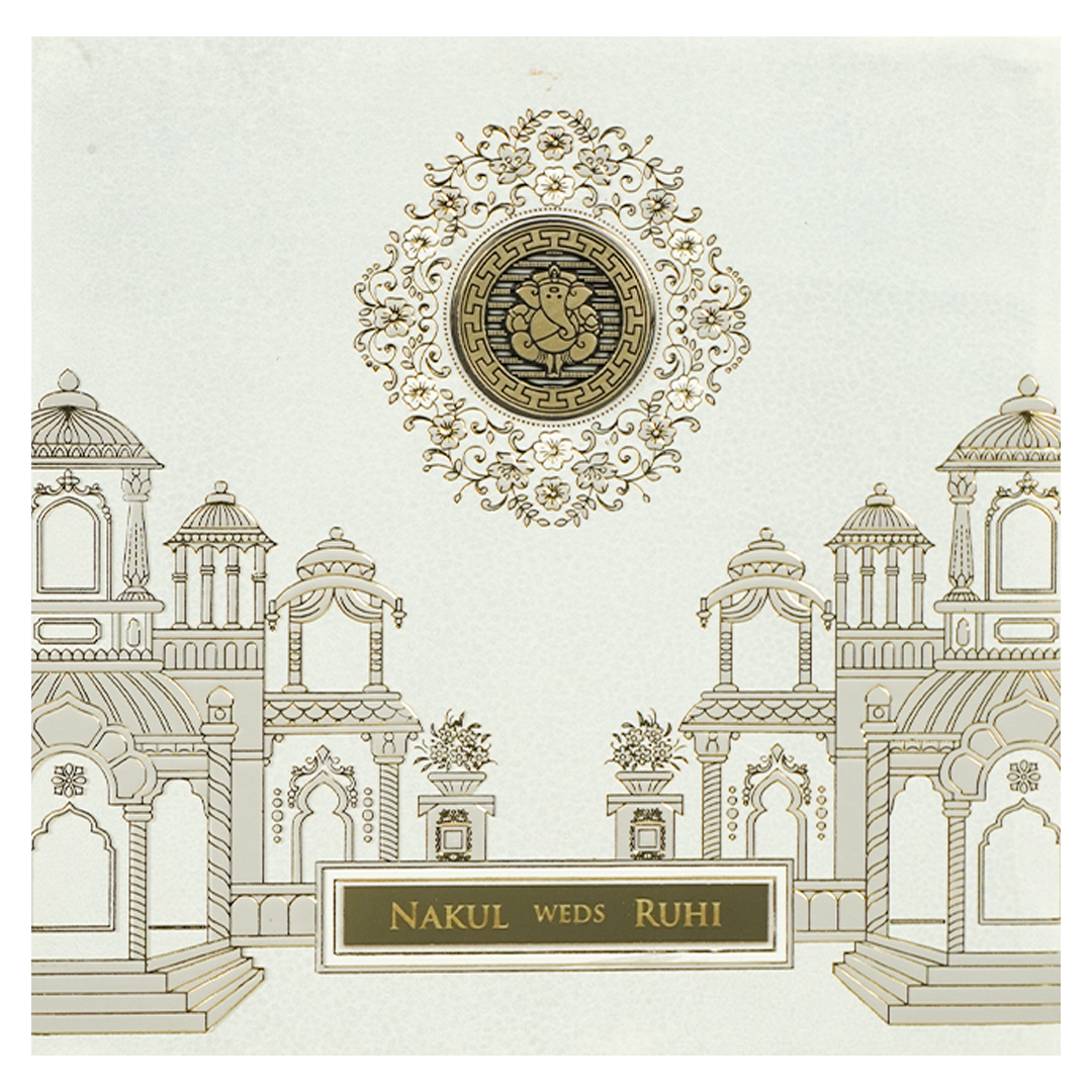 White Palace Ganesha Padded Wedding Card-KRE28260
