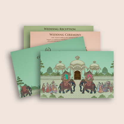 Green Bride Groom Royal Elephant Padded Wedding Card - KRE27150