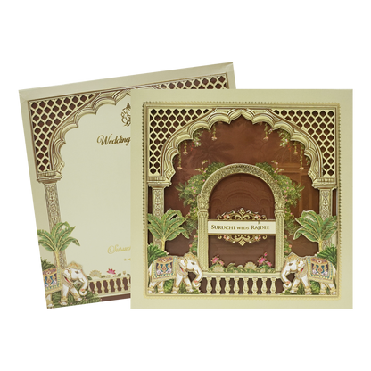 Cream Brown Laser Cut Padded Royal Elephant Arch Wedding Card - KMMEX8050