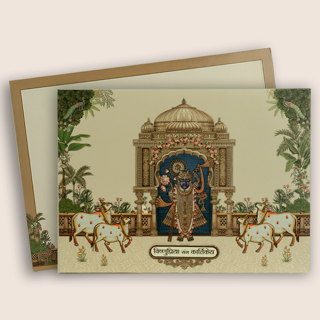 Beige Lord Shrinathji Floral Padded Wedding Card - KAA06140