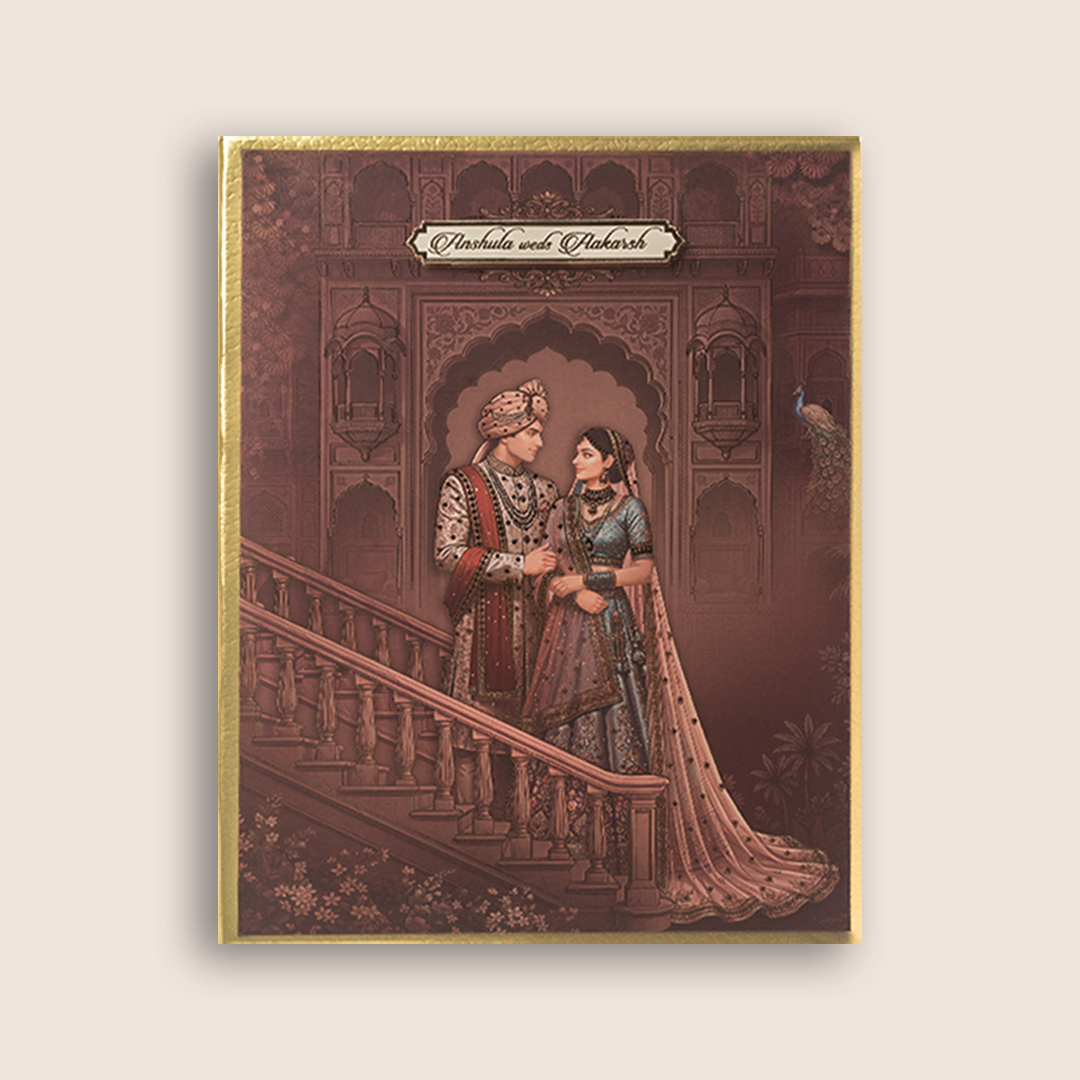 Wine Royal Bride Groom Padded Wedding Card - KAA05820