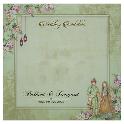 Green Floral Couple Palace Padded Wedding Card-KJTS1820