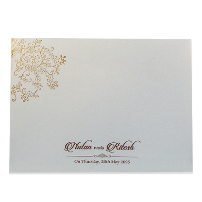White Gold Floral Door Style Padded Wedding Card - KRE25880