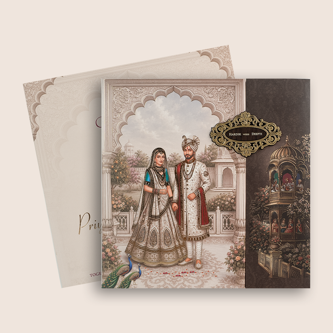 Grey Royal Bride Groom Door Style Padded Wedding Card - KSH18750