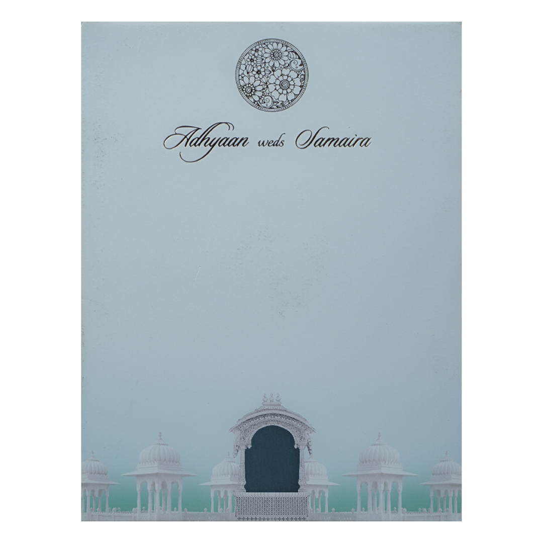 Blue Padded Floral Palace Wedding Card-KRC31030