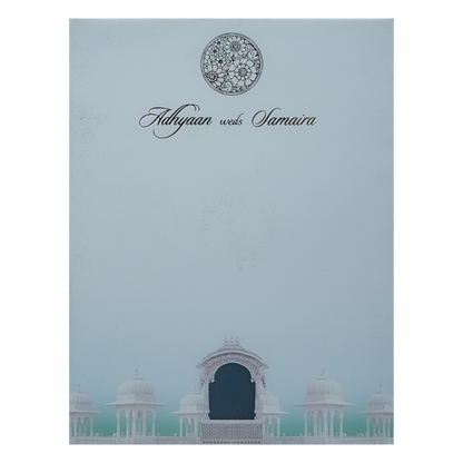 Blue Padded Floral Palace Wedding Card-KRC31030