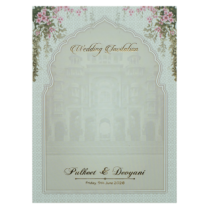 White Palace Couple Padded Wedding Card-KJTS1760