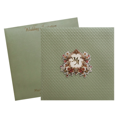 Metallic Green Quilted Floral Monogram Wedding Card - KMMWD1127