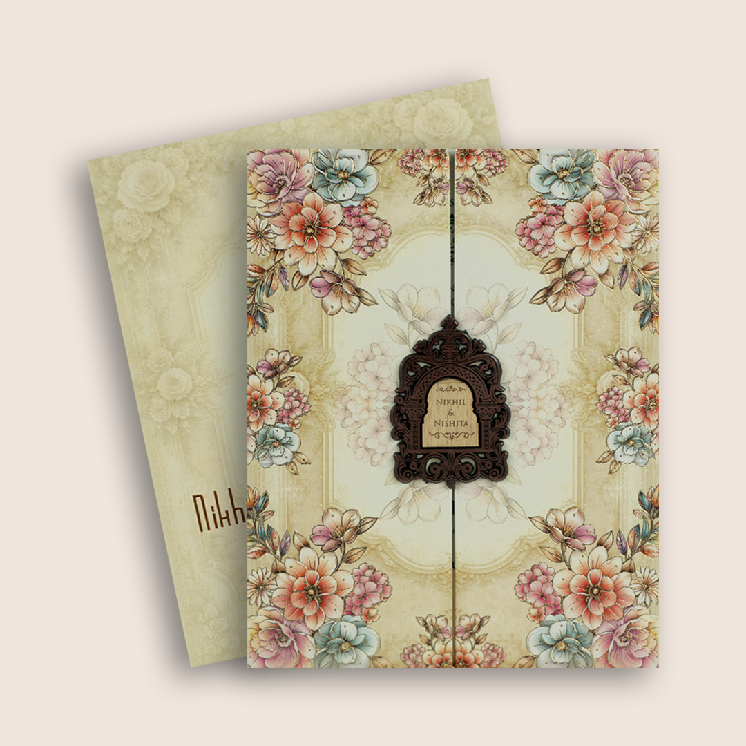 Cream Floral Embossed Padded Wedding Card - KPR07300