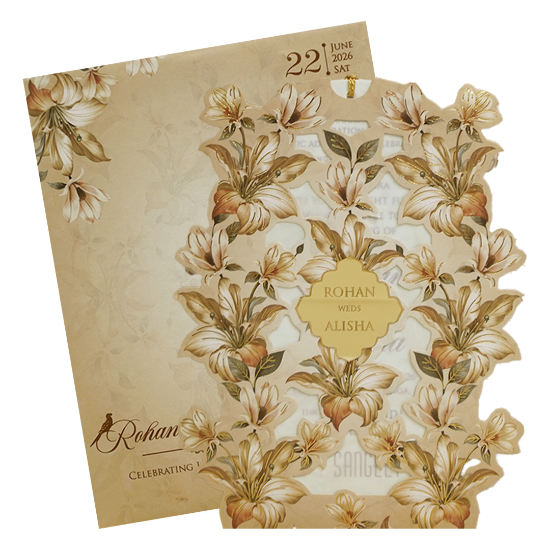 Beige Cream Floral Laser Cut Wedding Card - KFR16200