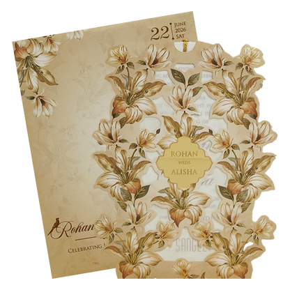 Beige Cream Floral Laser Cut Wedding Card - KFR16200