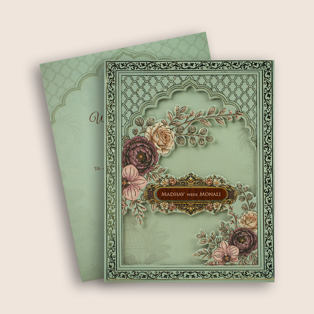 Pastel Green Floral Laser Cut Padded Invitation Card - KJTS3702