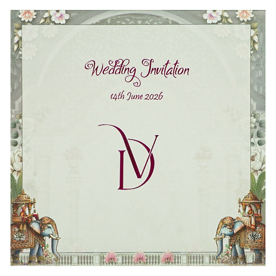 Grey Padded Royal Elephant Wedding Card-KNPO5571C