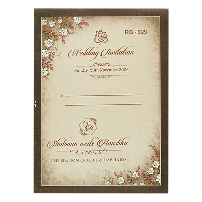 Brown White Lotus Padded Wedding Card-KRB09290
