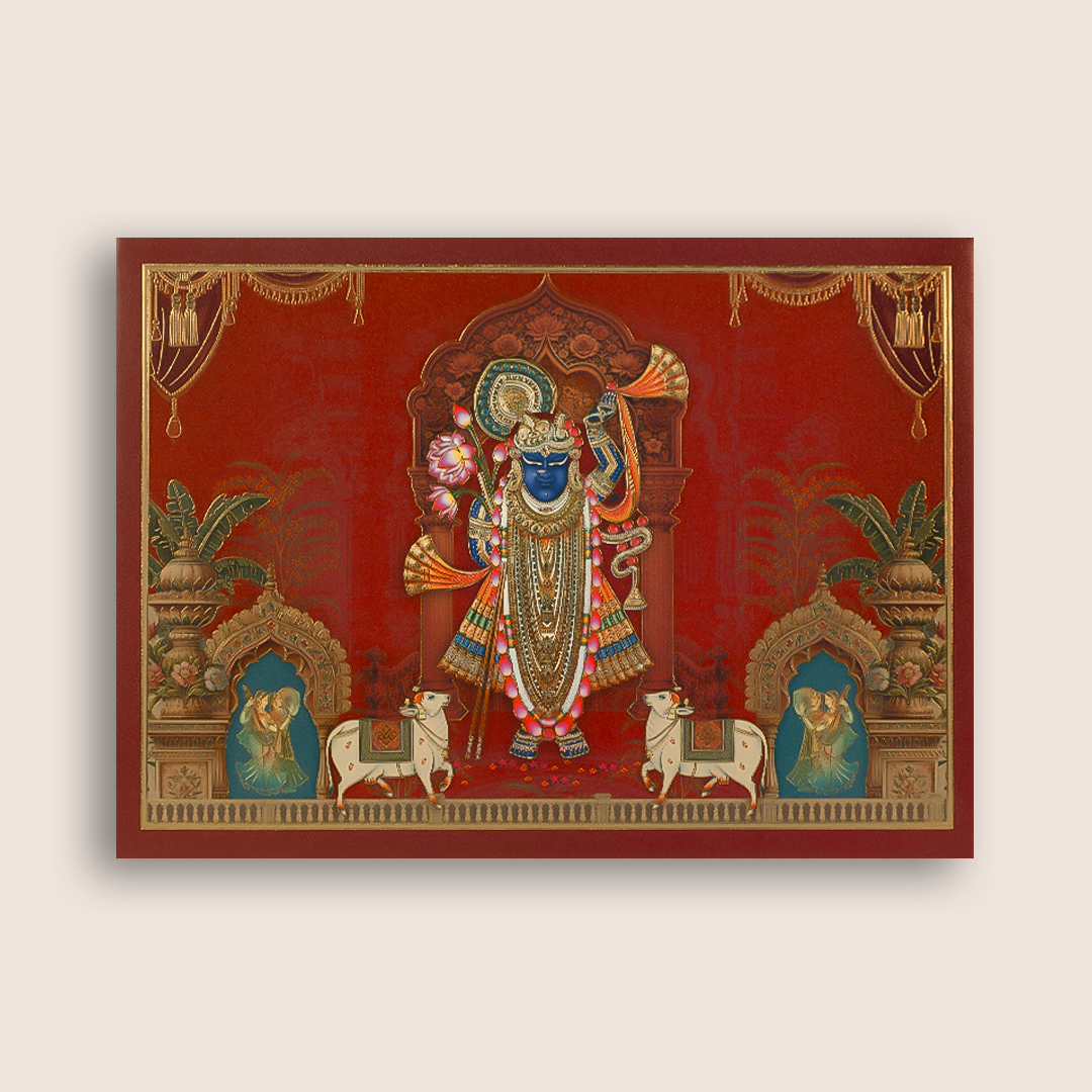 Maroon Lord Shreenathji Padded Wedding Card - KAA06080