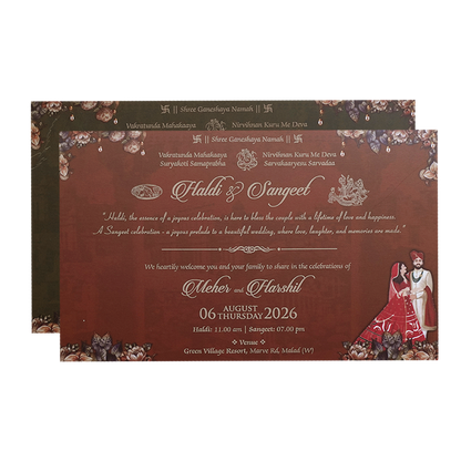 Maroon Couple Floral Padded Wedding Invitation Card -KVN07420