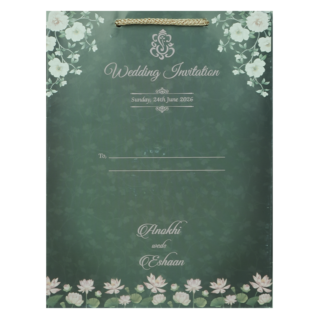 Green Lotus Floral Bag Wedding Card-KJTS3649