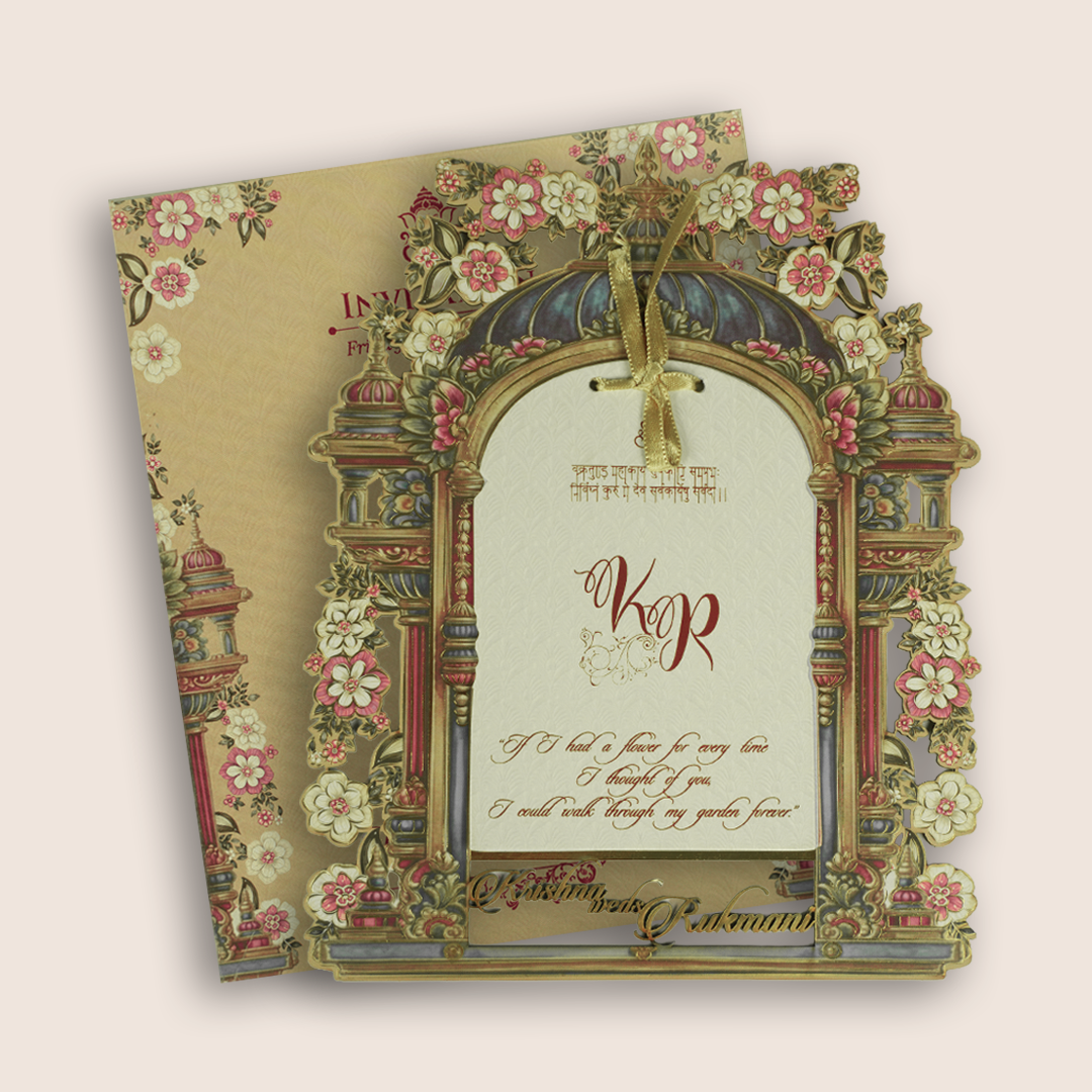Dark Beige MDF Floral Laser Cut Wedding Card - KJTS1938