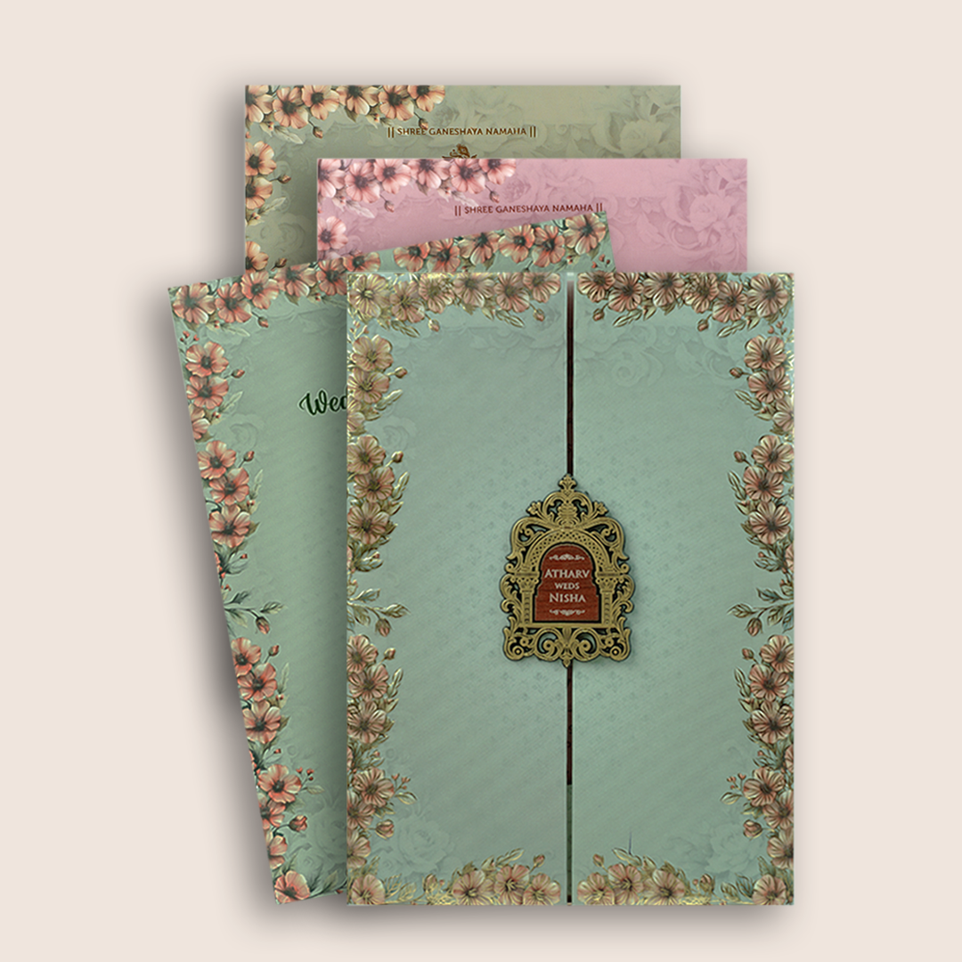 Olive Green Floral Door Style Padded Wedding Card - KVN07770