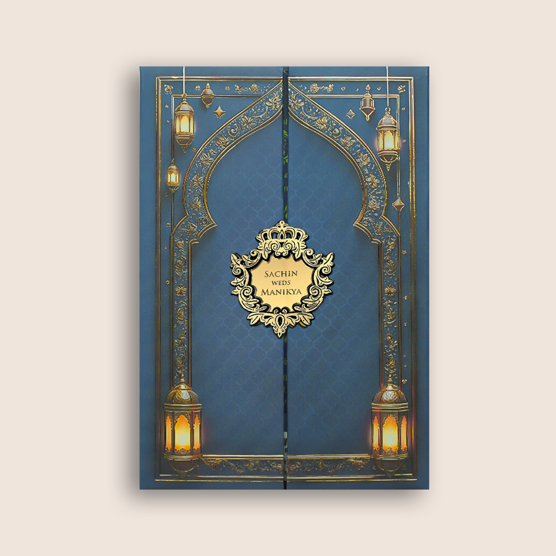 Royal Blue Floral Padded Door Style Wedding Card - KJTS3678