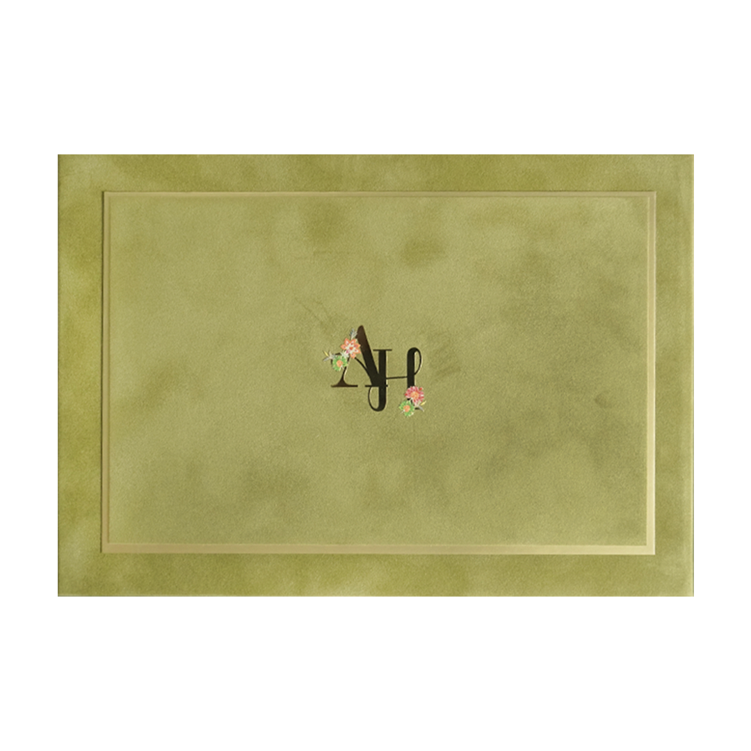 Olive Green Initials Padded Wedding Card-KMMWD1161