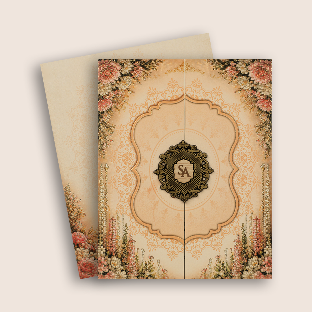 Peach Floral Door Style Padded Wedding Card - KPR07310