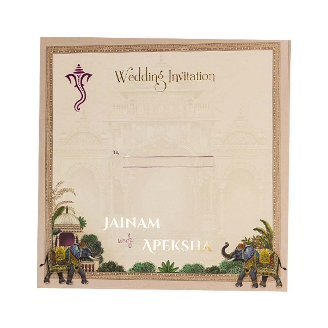 Cream Elephant Palace Padded Wedding Card-KSH72620