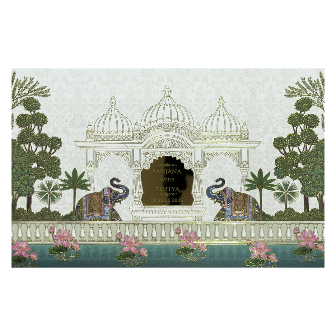 White Palace Elephant Floral Padded Wedding Card-KSH72040