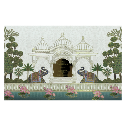 White Palace Elephant Floral Padded Wedding Card-KSH72040