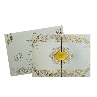 Grey Padded Embossed Floral Wedding Invitation Card-KRB09751