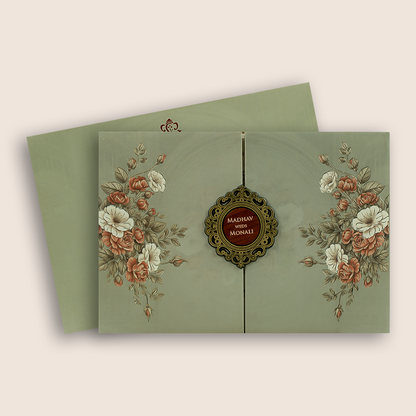 Pale Olive Green Floral Door Style Padded Wedding Card - KJTS3692