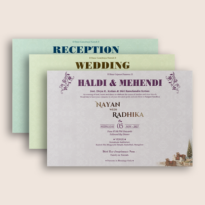Blue Jharokha Padded Wedding Invitation Card - KSH18050