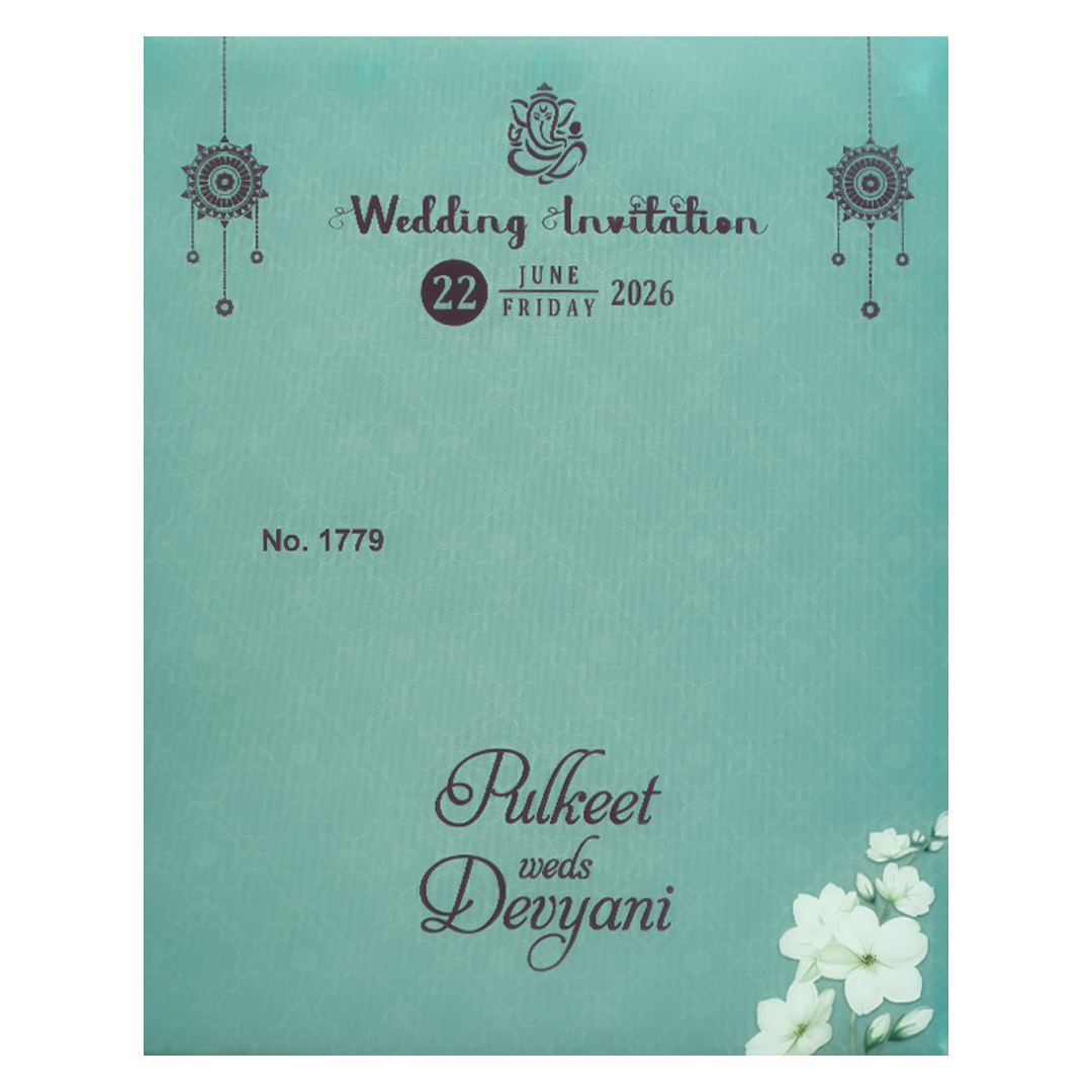 Blue Floral Laser Cut Wedding Card-KJTS1779