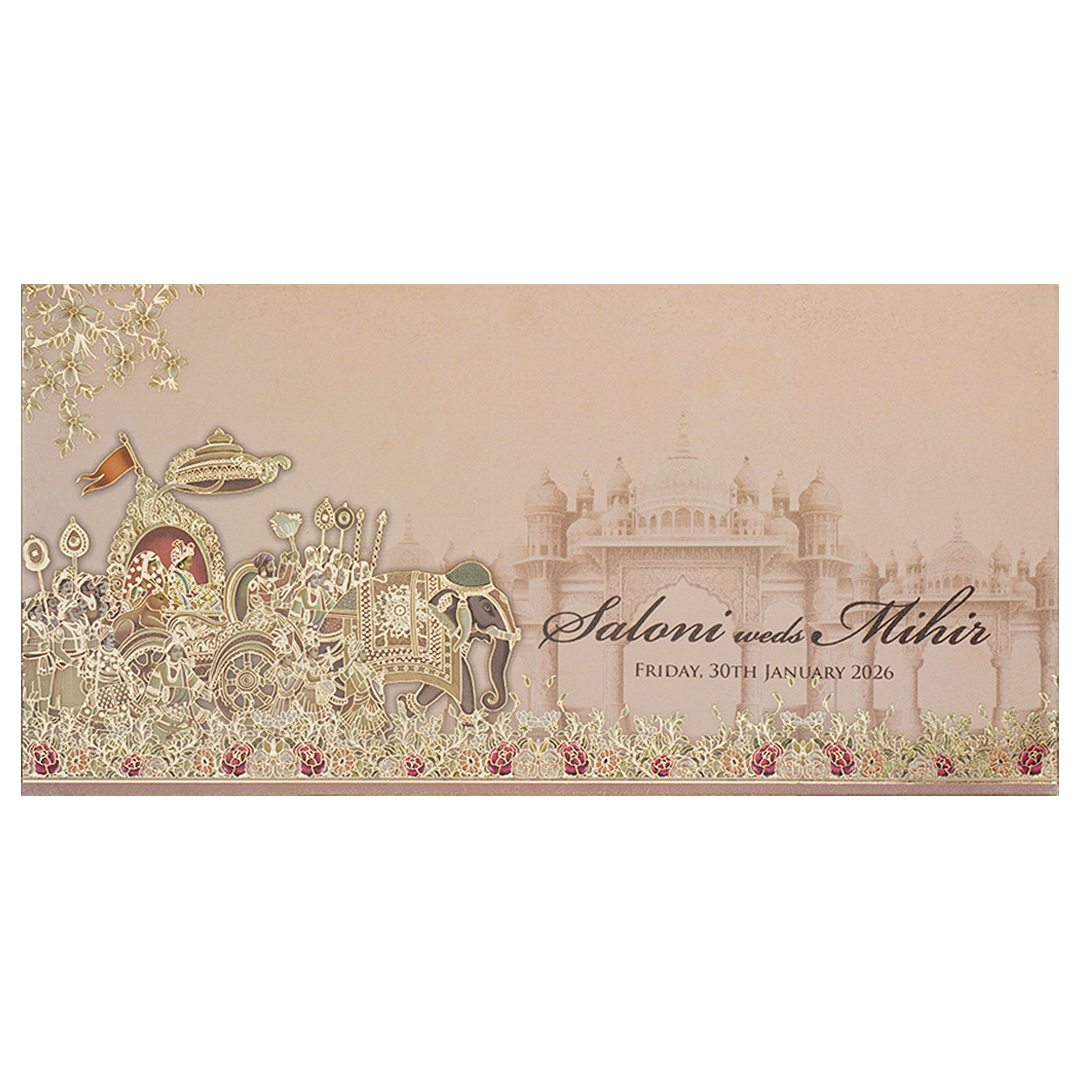 Peach Bride Groom Baraat Palace Wedding Card - KPR06520