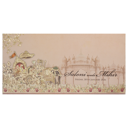 Peach Bride Groom Baraat Palace Wedding Card - KPR06520