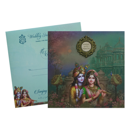 Green Radha Krishna Padded Wedding Card - KSH72750