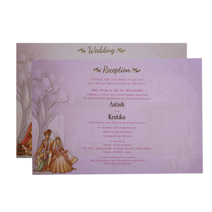 Pastel Lavender Modern Couple Peacock Laser Cut Padded Wedding Card -KMMEX8190
