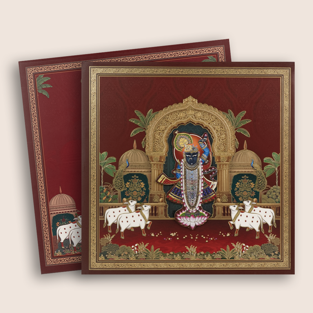 Maroon Lord Shrinathji Padded Wedding Card - KSH18600