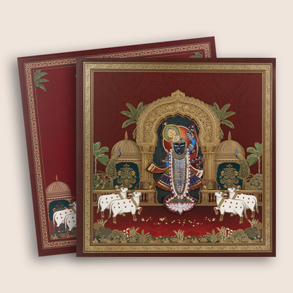 Maroon Lord Shrinathji Padded Wedding Card - KSH18600