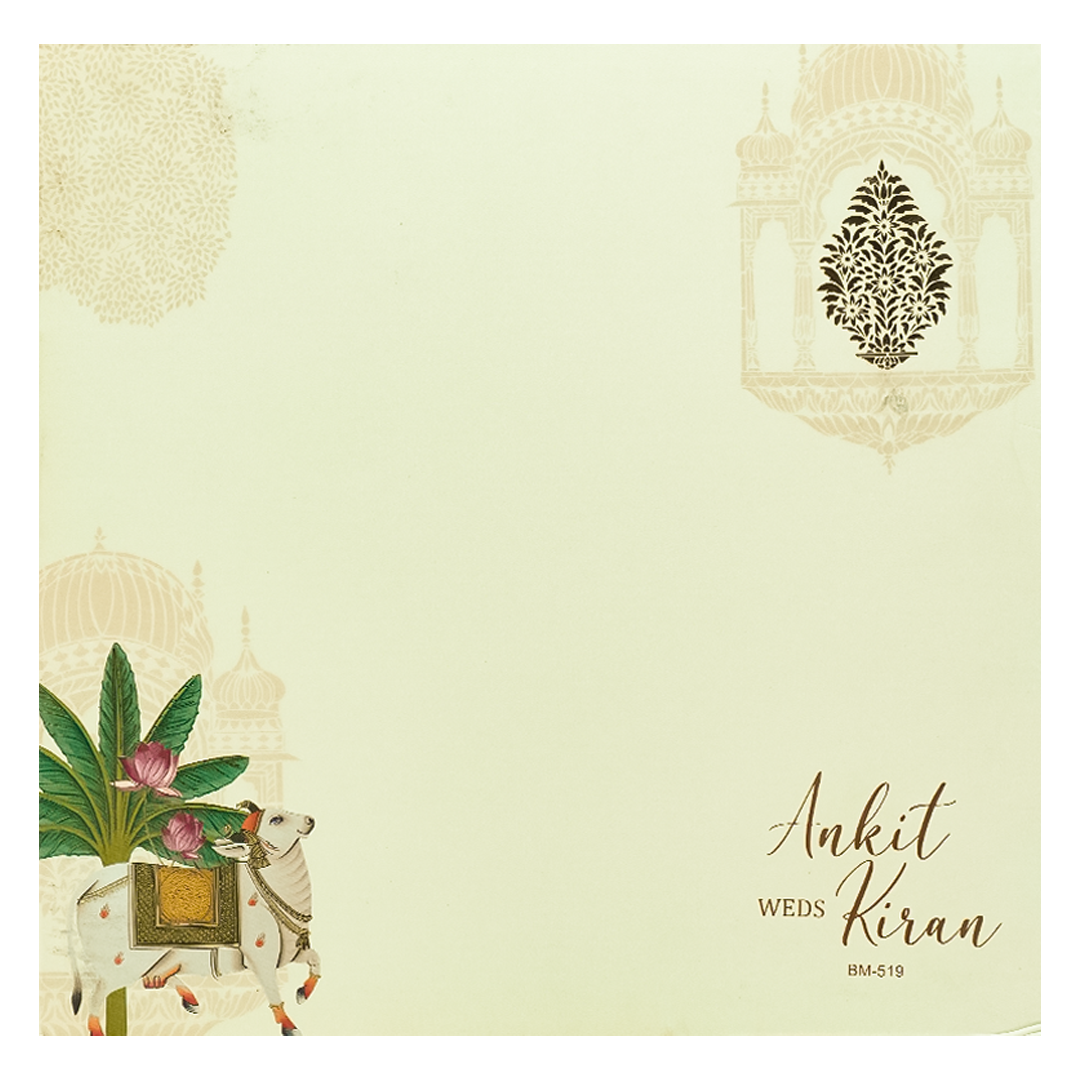 Yellow Lord Krishna Floral Padded Wedding Card - KBM05190