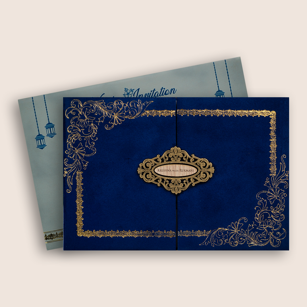 Royal Blue Velvet Floral Padded Door Style Invitation Card - KJTS1953