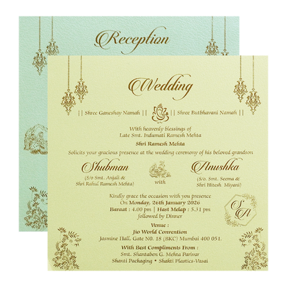 Pista Green Padded Embossed Floral Wedding Invitation Card-KRB09571