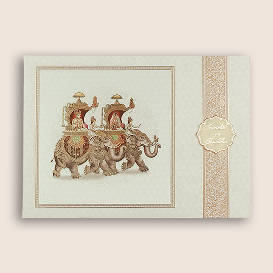 White Royal Baraat Door Style Wedding Card - KAA05420