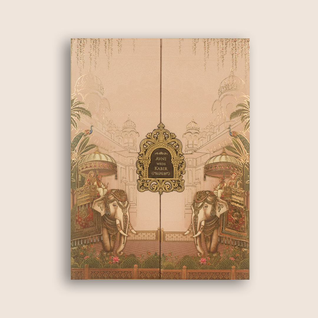 Peach Royal Baraat Padded Door Style Wedding Card - KSH18490