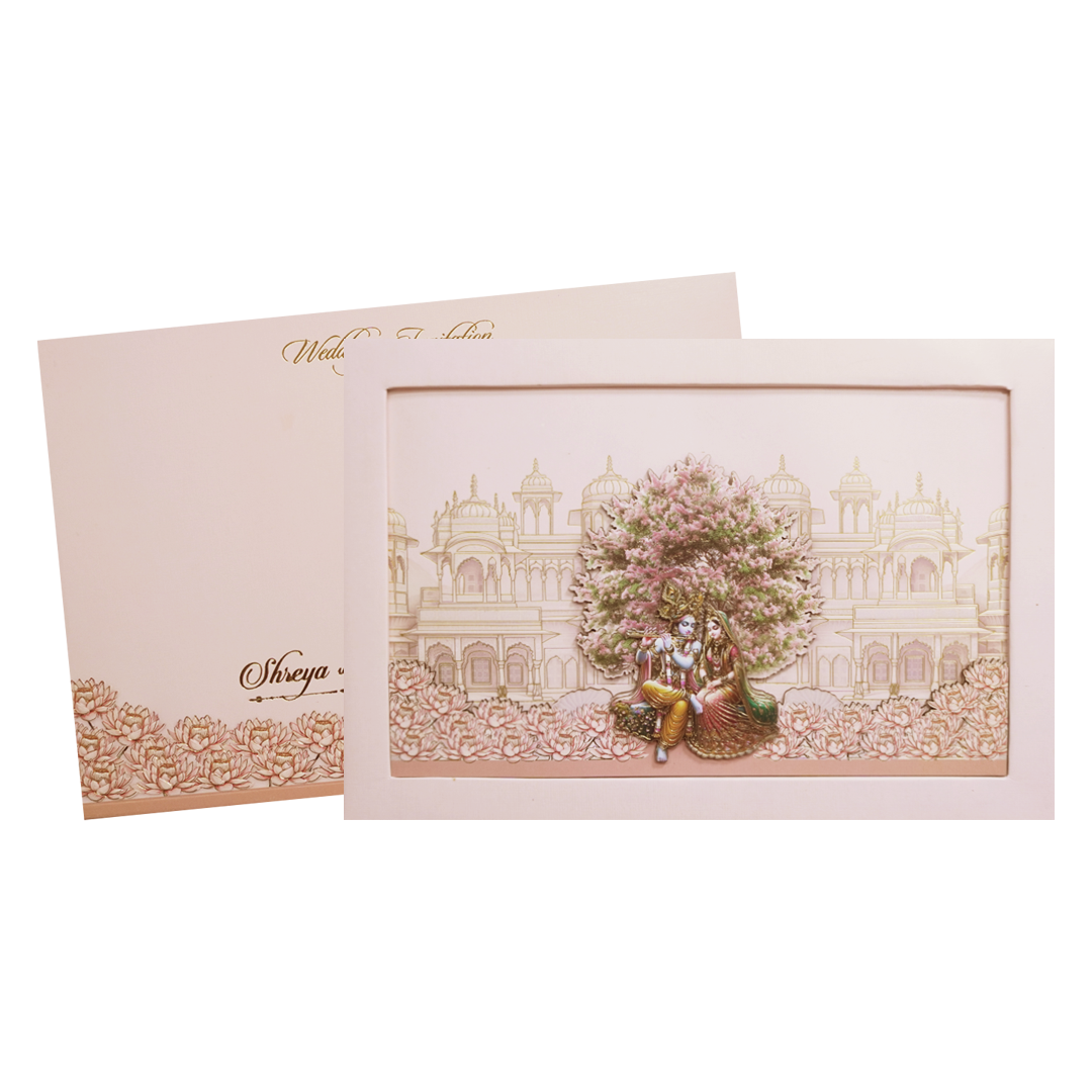 Pink Radha Krishna  Padded Palace Wedding Card -KMMEX8210