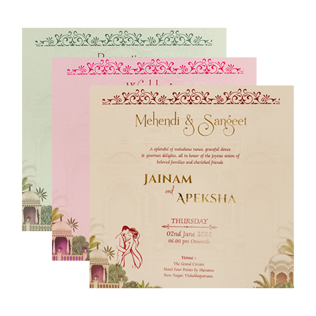 Cream Elephant Palace Padded Wedding Card-KSH72620