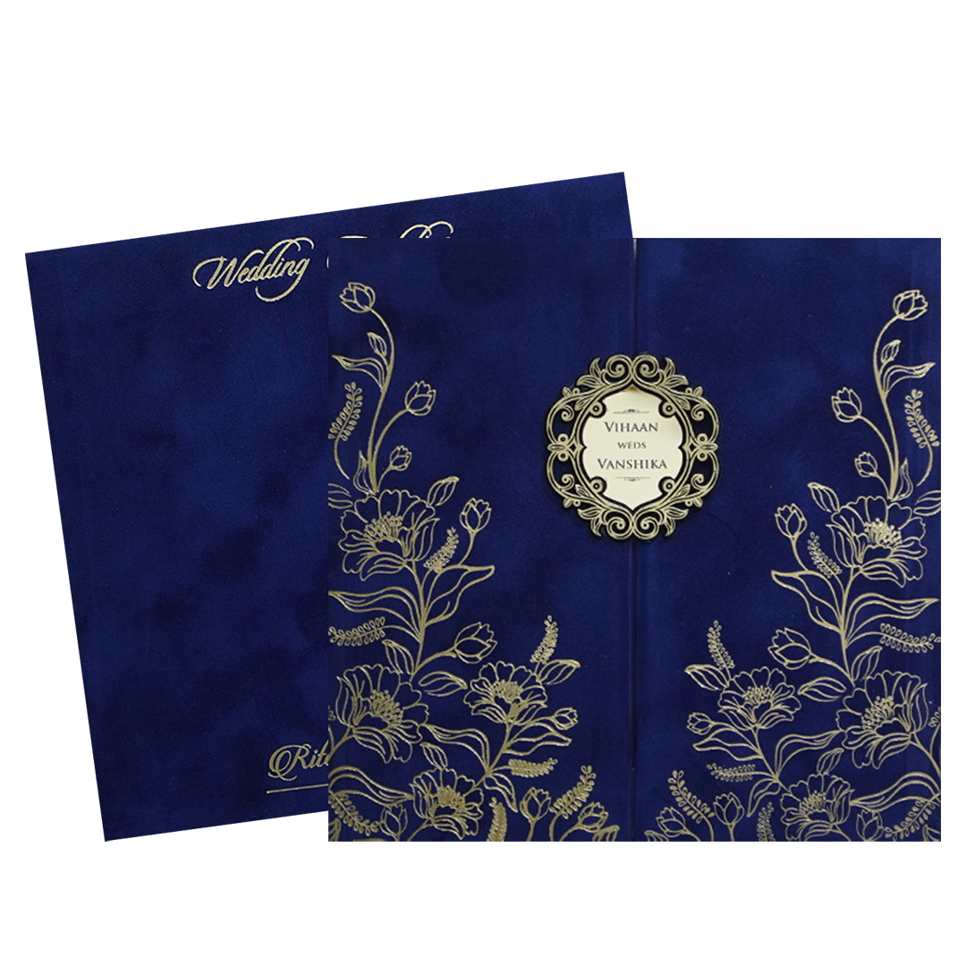 Blue Gold Floral Padded Wedding Card - KMMWD1131
