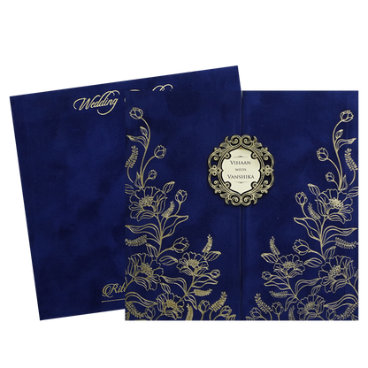 Blue Gold Floral Padded Wedding Card - KMMWD1131